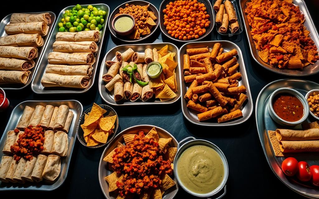Quik Burrito catering spread with burritos, rolled tacos and chimichangas