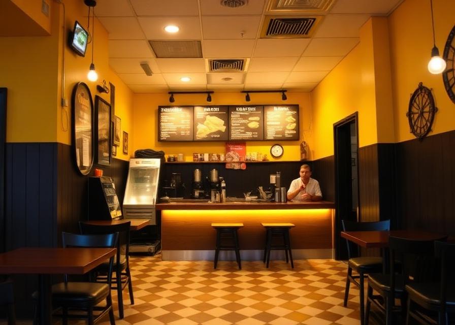Inside Quik Burrito — yellow walls, checkerboard floor and glowing menu boards